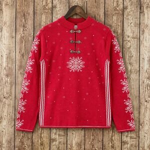 Caamaño Red 100% Alpaca Nordic Snowflake Clasp Sweater Womens Medium Peru